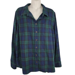 LL Bean Womens Flannel Shirt XL Petite Blue Green Button Plaid Fitted Outdoor